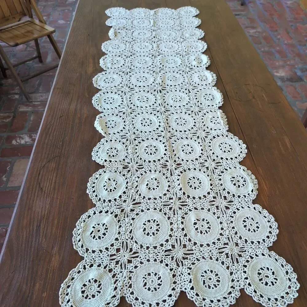 Vintage Handmade Crocheted Cotton Table Runner - Dresser Scarf, 19